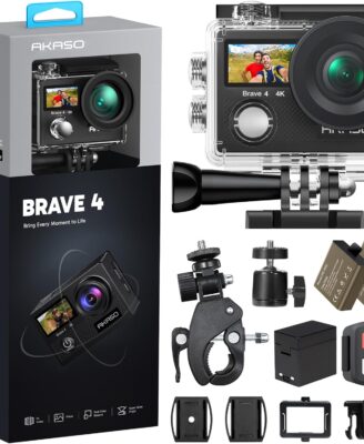 AKASO Brave 4 Action Camera 4K 30fps Ultra Hd Video 20MP Photo, EIS, WiFi, 2X Batteries, Waterproof Underwater Camera, Camcorder Bundle for Snorkel, Travel, Motorcycle, Bicycle, Helmet Accessories Kit