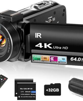 ZYDIIE 4K Video Camera Camcorder UHD 64MP Vlogging Camera for YouTube 18x Digital Zoom 3" 270° Rotation IPS Touchscreen Video Camcorder with Night Vision, Remote Control, 32GB Card, 2 Batteries